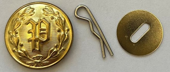 P UNIFORM JACKET BRASS BUTTON SET = 1 P BRASS BUTTON, 1 DISC & 1 COTTER PIN.
